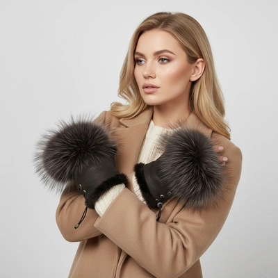 Mitenki LUKA-PELLI - Rękawiczki Bez Palców Z Naturalnym Futrem Jenot Czekolada